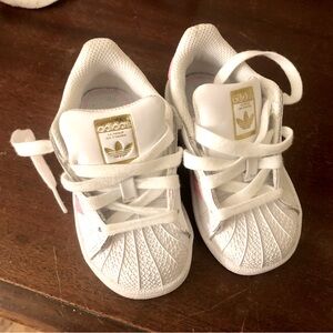 Toddler size 6 Adidas with laces, pink stripes, shell toe.